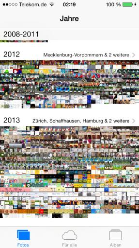 Im Gegensatz zur Albenansicht macht Fotos in der Sammlungsansicht keinen Unterschied zwischen lokalen Bildern auf dem iPhone und denen im Fotostream.