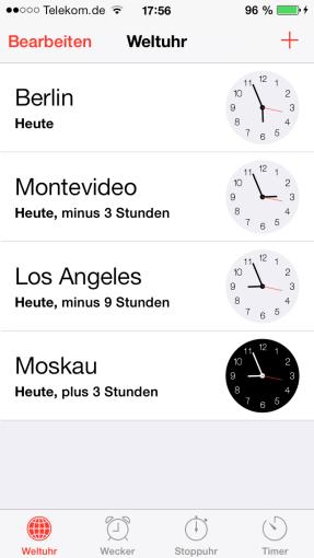 Schon auf den ersten Blick seht ihr in der Uhr-App, ob es vor Ort gerade Tag oder Nacht ist.
