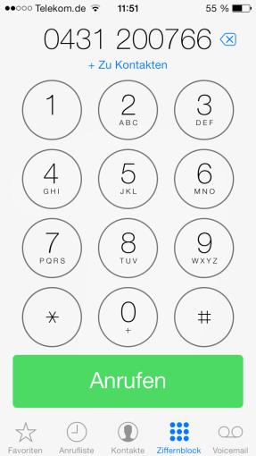 Der Ziffernblock in Telefon erlaubt auch das Einsetzen einer in einer anderen App kopierten Zahlenfolge.