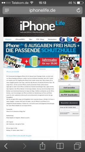 Die Navigationselemente in Safari blenden sich nach einiger Zeit von allein aus und geben den Webseiten mehr Raum.