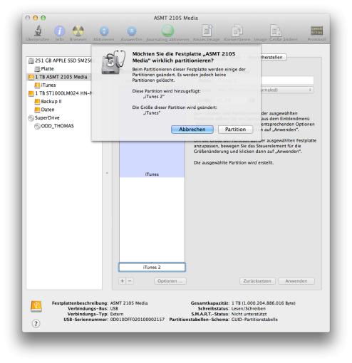 Seit Mac OS X 10.5 Leopard können einer Festplatte auch nachträglich weitere Partitionen hinzugefügt werden.