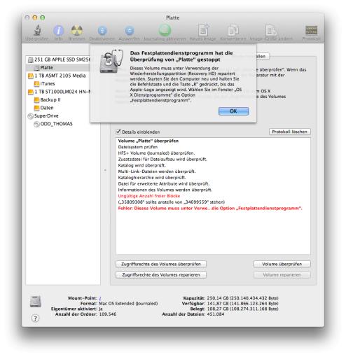 Das Festplattendienstprogramm hat Fehler im Dateiverzeichnis des Start-Volumes entdeckt. Um dieses zu reparieren, muss der Rechner von der Wiederherstellungspartition gestartet werden.