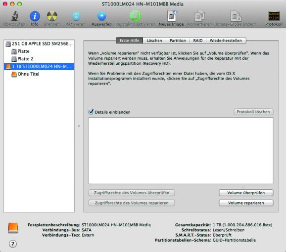 Festplatte wählen: Startet das Festplattendienstprogramm und wählt in der Seitenleiste die angeschlossene externe Festplatte aus, die gelöscht werden soll.