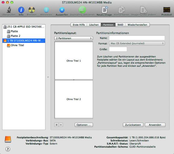 Partitionen auswählen: Klickt auf den Reiter "Partitionen" und im Anschluss unter "Partitionslayout" auf "2 Partitionen".