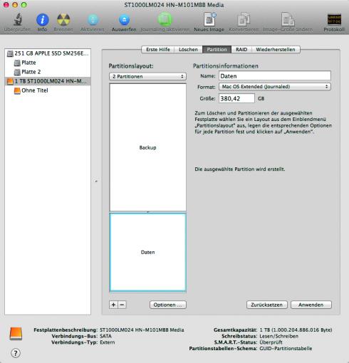 Größe ändern: Über den Schieberegler zwischen den beiden Partitionen könnt ihr deren jeweilige Größe ändern. Alternativ gebt ihr für eine markierte Partition einen Wert im Feld "Größe" ein.