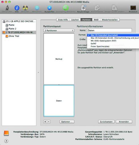 Format festlegen: Legt für beide Partitionen das Dateiformat fest. Soll die Festplatte mit einem Mac verwendet werden, sollte "Mac OS X Extended (Journaled)" gewählt werden.
