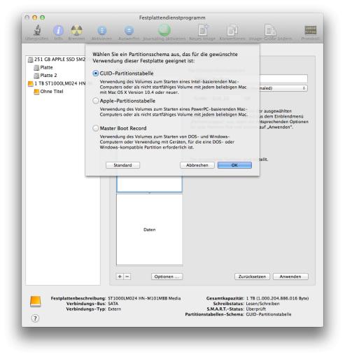Partitionsschema festlegen: Klickt auf "Optionen" und lest die Erläuterungen zu den verschiedenen Partitionsschemata. In der Regel bietet sich "GUID-Partitionstabelle" an.