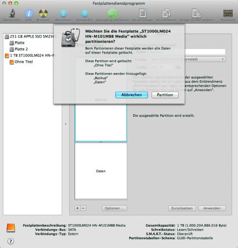 Partitionierung ausführen: Klickt auf "Anwenden." Im Folgenden werden sämtliche Daten auf der Festplatte gelöscht. Das Festplattendienstprogramm gibt deshalb noch einmal eine Warnmeldung aus.