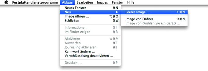 Neues Image erstellen: Offnet das Festplattendienstprogramm und wählt aus dem Menü "Ablage" die Option "Neu" > "Leeres Image"