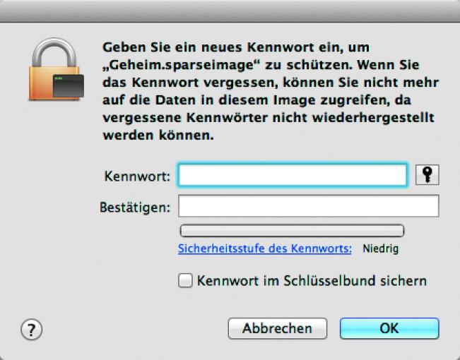 Kennwort festlegen: Klickt auf "Erstellen und gebt ein Passwort ein. Deaktiviert "Kennwort im Schlüsselbund sichern", damit sich das Image nicht automatisch öffnen lässt. Ihr dürft das Passwort dann aber keinesfalls vergessen!