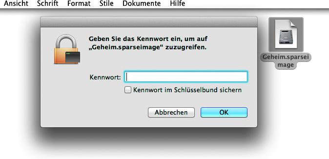 Image öffnen: Ein Image mit der Endung .sparsebundle wird erstellt. Klickt ihr dieses doppelt an. Dann müsst ihr das Passwort eingeben. Es öffnet sich ein virtuelles Laufwerk, auf das ihr Daten kopieren könnt.