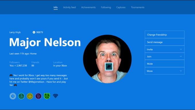 Screenshot zeigt Profilseite von Xbox-Community-Manager Larry Hryb alias „Major Nelson“