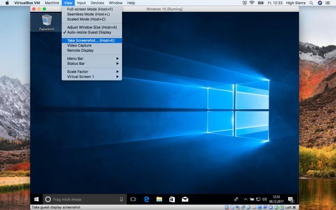 Suchen Sie im Menü der virtuellen Maschine nach Optionen für die Skalierung von Windows und Screenshots.