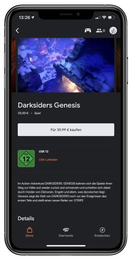 Spiele lassen sich aktuell nur über die Stadia-App kaufen. Die Preise sind gesalzen, das neue Darksiders etwa kostet über 20 Prozent mehr als auf Steam.