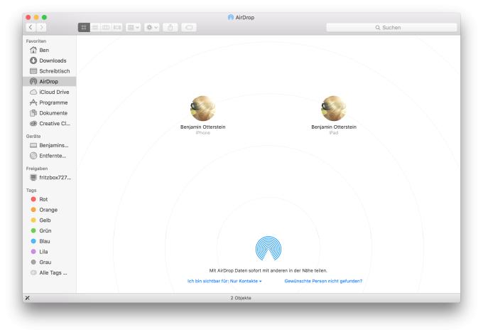 Im Finder unter "AirDrop" werden alle für die Übertragung verfügbaren Geräte angezeigt