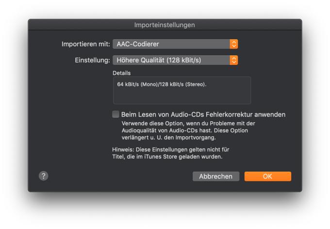Importeinstellungen fürs Kodieren von Songs