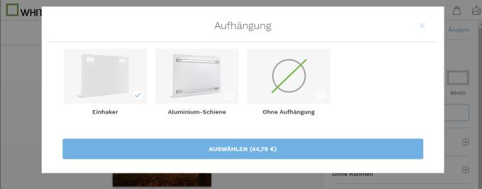 Bei WhiteWall haben Sie, wie bei Meinfoto und Picanova, die Wahl zwischen einem einfachen Einhaker und einer hochwertigen Aluminiumschiene.