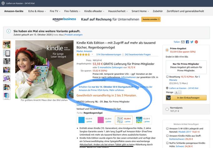 Kindle Kids Edition, basierend auf dem Standard-Kindle – lieferbar in 2-3 Monaten als Prime-Day-Deal.