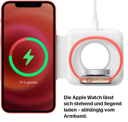 Die Apple Watch lässt sich stehend und liegend laden – abhängig vom Armband.