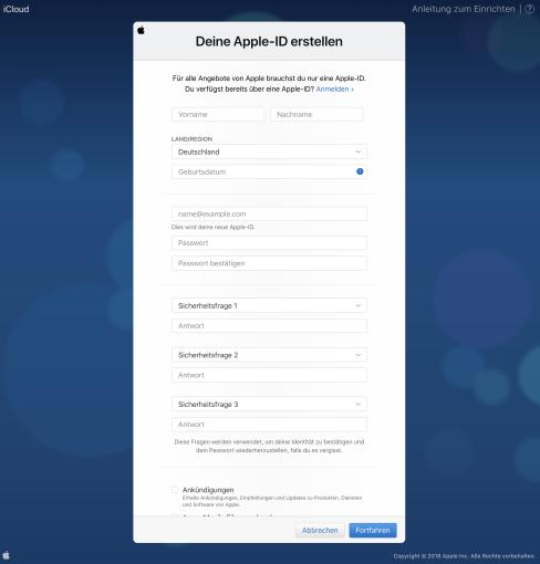 Formular zum Erstellen einer Apple-ID auf iCloud.com