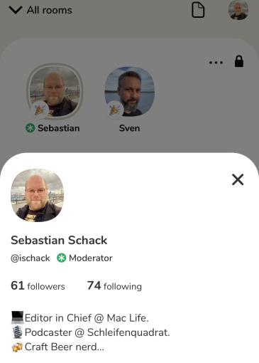 Private Räume sind ohne Weiteres möglich. Sebastian und Sven haben via Clubhouse über die Gestaltung des Titelblattes der kommenden Printausgabe von Mac Life diskutiert.