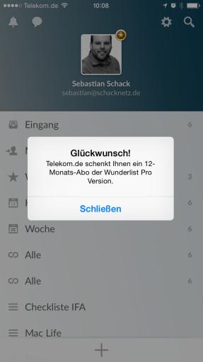 Wer eine Telekom-SIM-Karte in seinem iOS-Gerät stecken hat, bekommt die 12 Monate „Pro“ nach Installation und Login automatisch geschenkt.