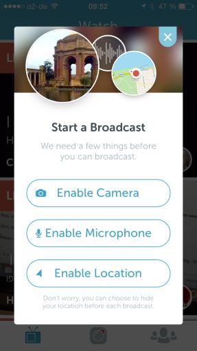 In Periscope kann man unabhängig voneinander Kamera, Mikrofon und Standortaten freigeben