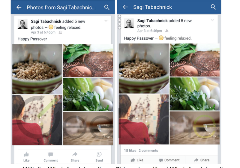 Mehrere Tech-Blogs berichten, dass Facebook den Nachrichtendienst WhatsApp in seiner App integriert (mit dem „Send-“-Button links unten im Bild). Bildschirmfoto Geektime.com