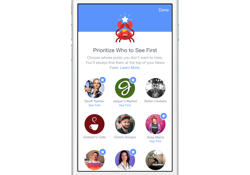Facebook gibt seinen Nutzern mehr Kontrolle über den eigenen News-Feed, z. B. darüber, welche Freunde ganz oben im Nachrichtenstrom angezeigt werden.  Facebook